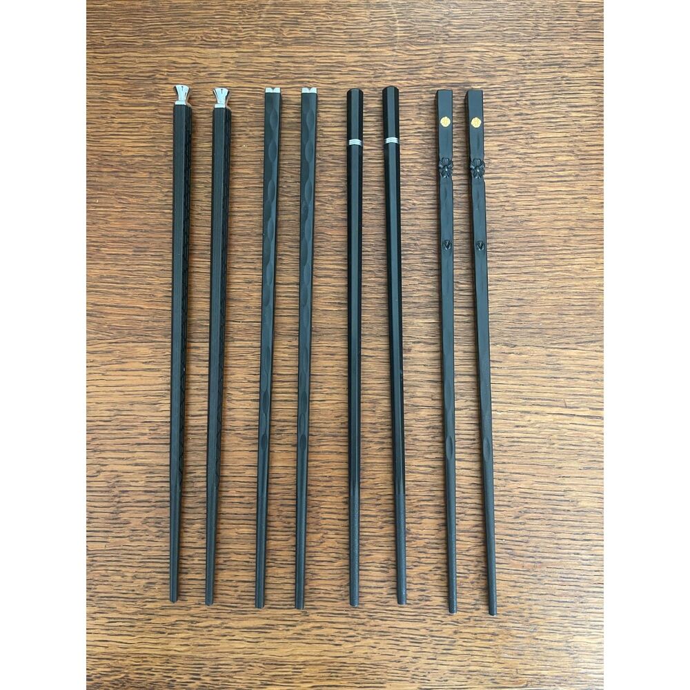 4 Pairs Chopsticks Reusable Fiberglass Alloy & Silver Chrome Chopstick Set BLACK